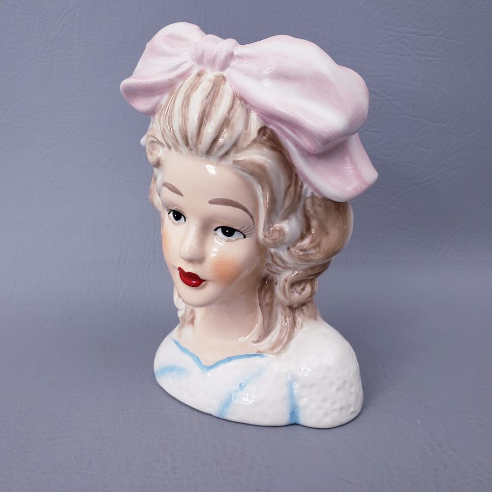 Vintage Lady Head Vase Smart Girls Pink Bow 7” Missing Earring